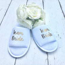 Load image into Gallery viewer, Team Bride • Bridal slippers • Hen Party Slippers • Bridal Party • Wedding Slippers • Personalised Spa Slippers • Spa Slippers • GiftPersonalised Bridal Party Slippers