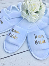 Load image into Gallery viewer, Team Bride • Bridal slippers • Hen Party Slippers • Bridal Party • Wedding Slippers • Personalised Spa Slippers • Spa Slippers • Gift Personalised Bridal Party Slippers