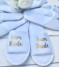 Load image into Gallery viewer, Team Bride • Bridal slippers • Hen Party Slippers • Bridal Party • Wedding Slippers • Personalised Spa Slippers • Spa Slippers • Gift Personalised Bridal Party Slippers