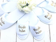 Load image into Gallery viewer, Bride Tribe • Bridal slippers • Hen Party Slippers • Bridal Party • Wedding Slippers • Personalised Spa Slippers • Spa Slippers • Gift Personalised Bridal Party Slippers