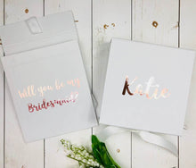 Load image into Gallery viewer, Personalised Bridesmaid Gift Box Will You Be My Bridesmaid Proposal Hidden Message Inside Rose Gold Bridesmaid Gift Box Maid Of Honour Gift Bridesmaid Proposal Box • White Gift Box •Personalised Gift Box •Bridal Party Gift • Wedding Gift •Mother Of The Bride Gift • Thank you Gift