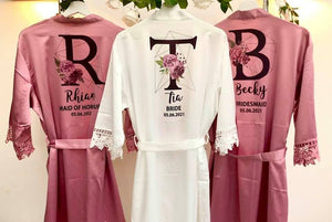 Personalised Bridal Robe • Wedding Dressing Gown • Initial Floral Bridal Robe • Satin Wedding Robe • Grey Bridesmaid Robe • Bridesmaid Gift