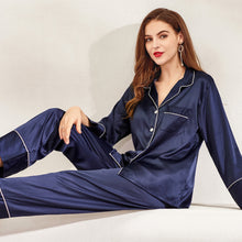 Load image into Gallery viewer, Navy Satin Pyjamas with Long Sleeve and Long Pants, Bridesmaid Pyjamas, Birthday Pyjamas, Bride Pyjamas, Various Colours Available