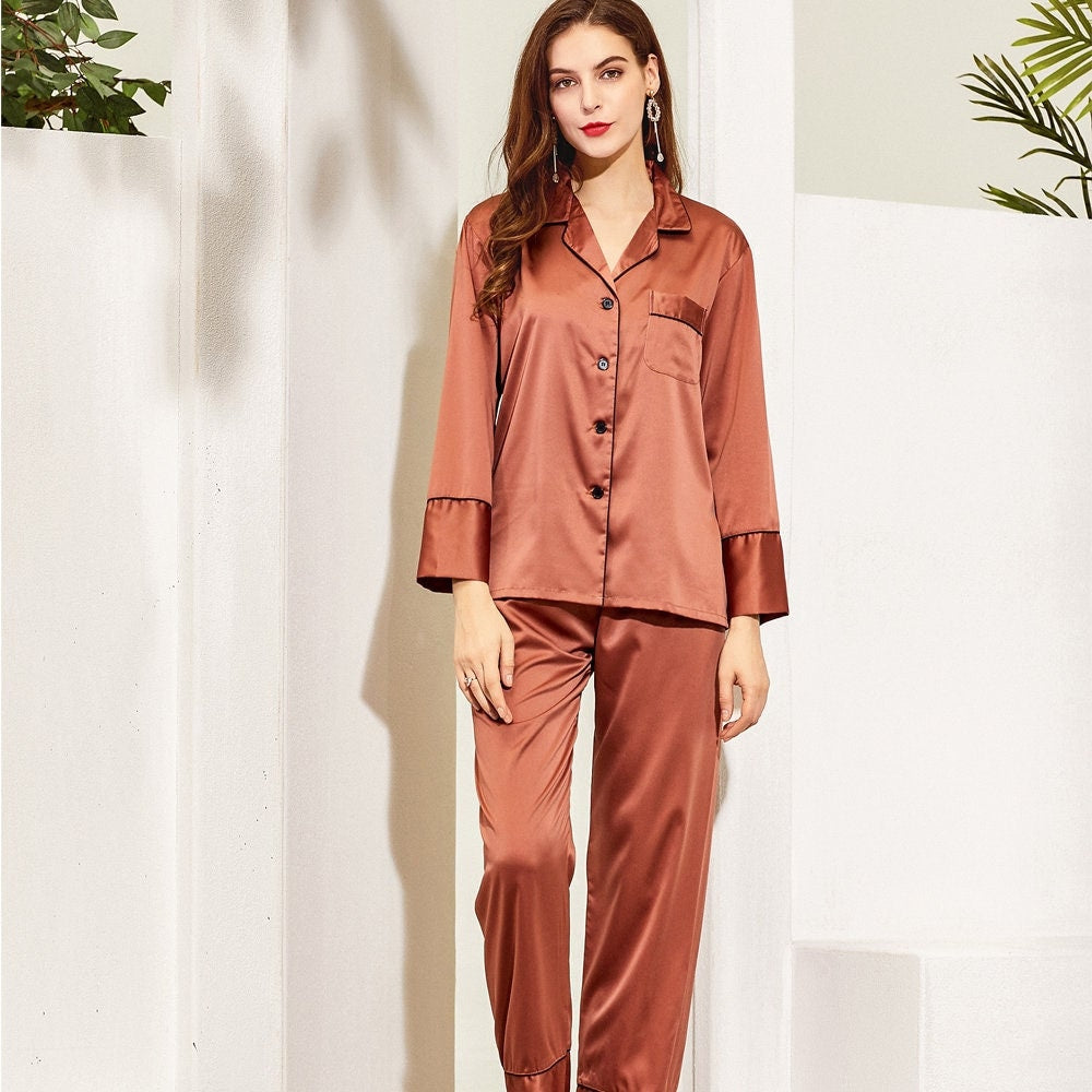 Rust Burnt Orange Satin Pyjamas with Long Sleeves and Long Pants