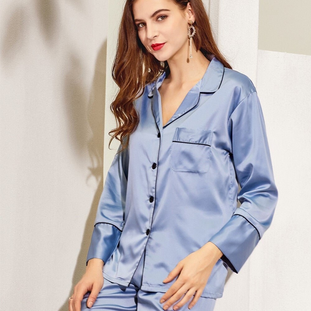 Dusty Blue Satin Pyjamas with Long Sleeves and Long Pants